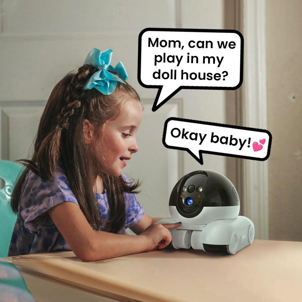 Child interacting with a robot toy, with text bubbles indicating a conversation.