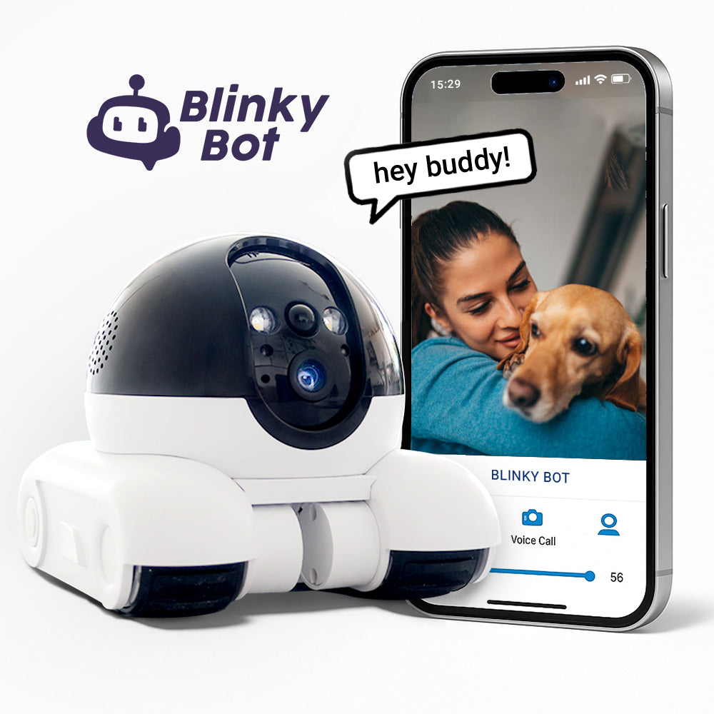Blinky Bot robot with smartphone displaying a video call with a woman and dog, and Blinky Bot logo.