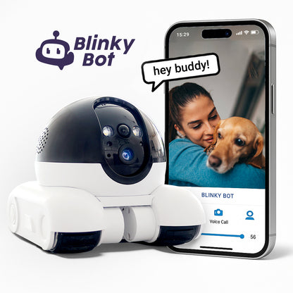 Blinky Bot robot with smartphone displaying a video call with a woman and dog, and Blinky Bot logo.